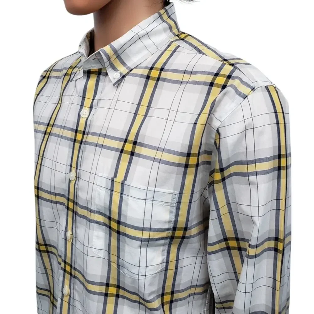 J. Crew NY Light Weight Shirt Slim Fit Men L Button Down White Yellow Navy Plaid